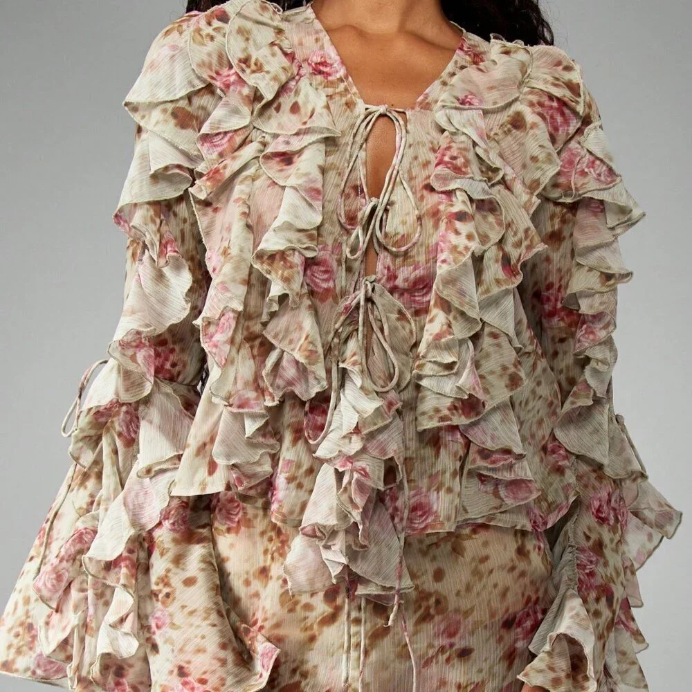 Multicolor Boho Women's Floral Ruffled Chiffon Long Sleeve Tie Front blouse - Picture 6 of 6